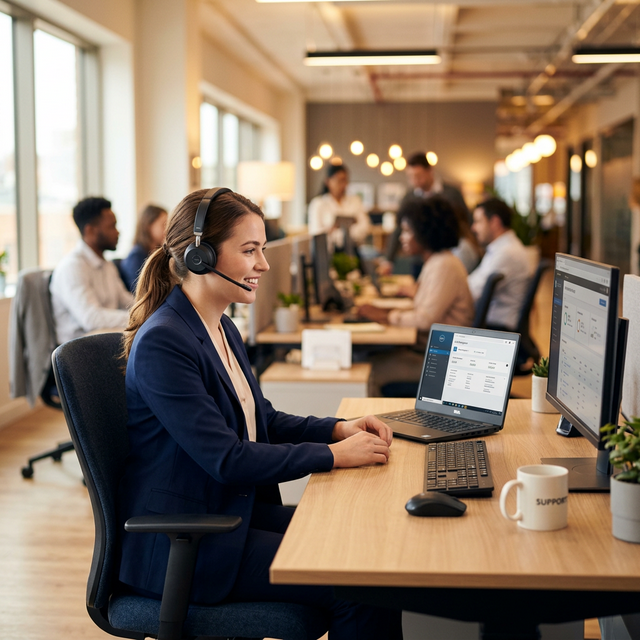 Agente de soporte técnico con auriculares frente a laptop en oficina moderna