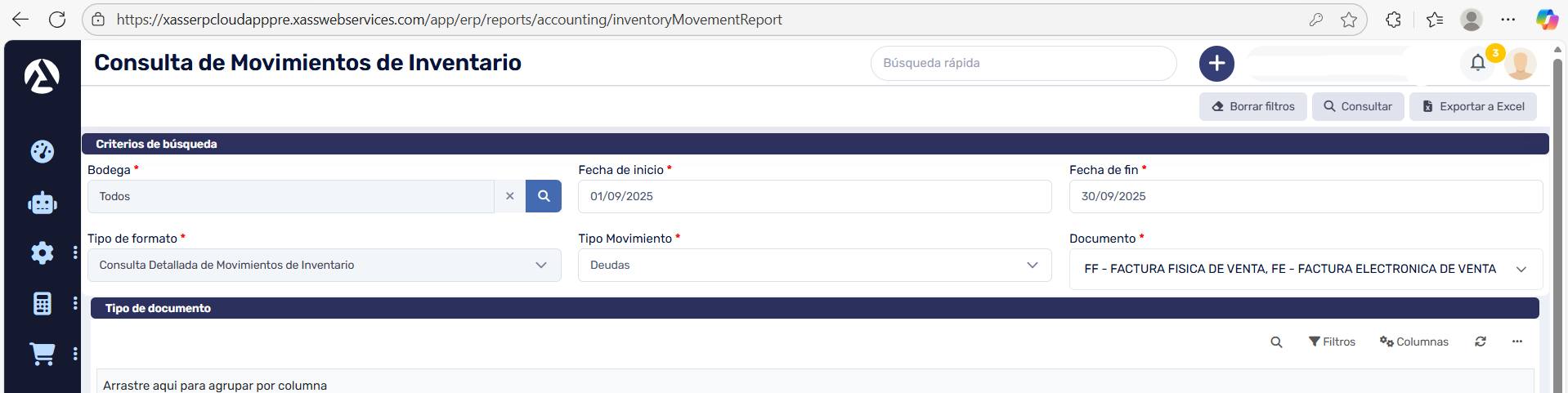 Reporte de Consulta de Movimientos de Inventario con Facturas de Venta